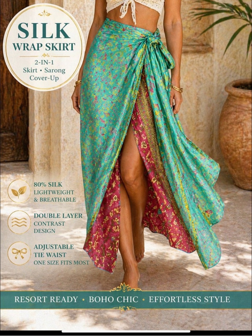WEVEZ Silk Wrap Skirt Boho Floral Double Layer Resort Sarong One Size India
